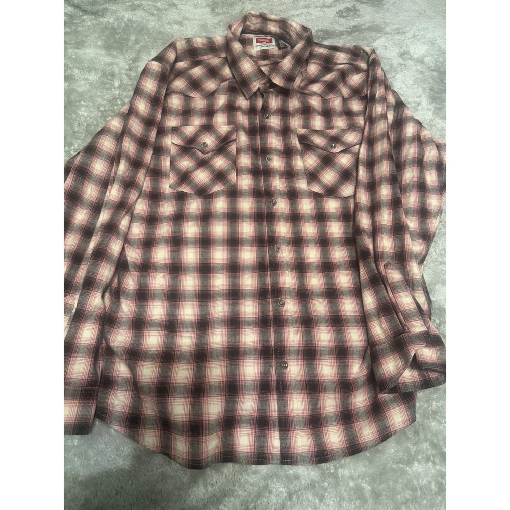 Wrangler Mens 3XL Plaid Western Snap Front Shirt Burgundy Cream Black 112315516
